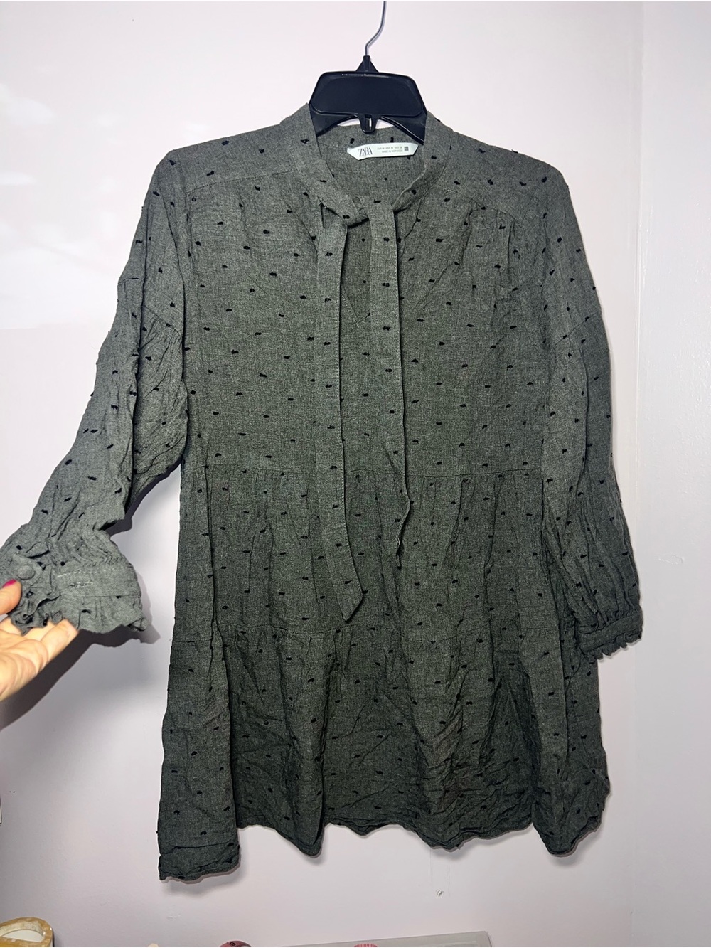 ZARA Gray and black Spots Long-Sleeve Tie-Neck Tiered Tunic Dress